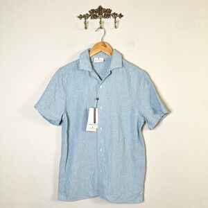 Larsson & Co Button Up Wray Mens Size S Blue Herringbone Knit Short Sleeve New